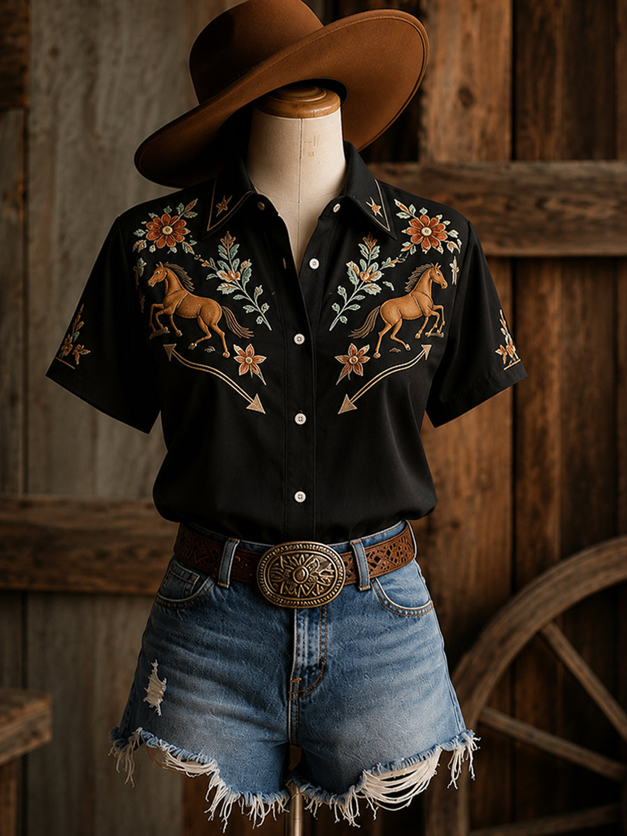 Women's Retro Western Floral Horse Print Short-Sleeve Shirt