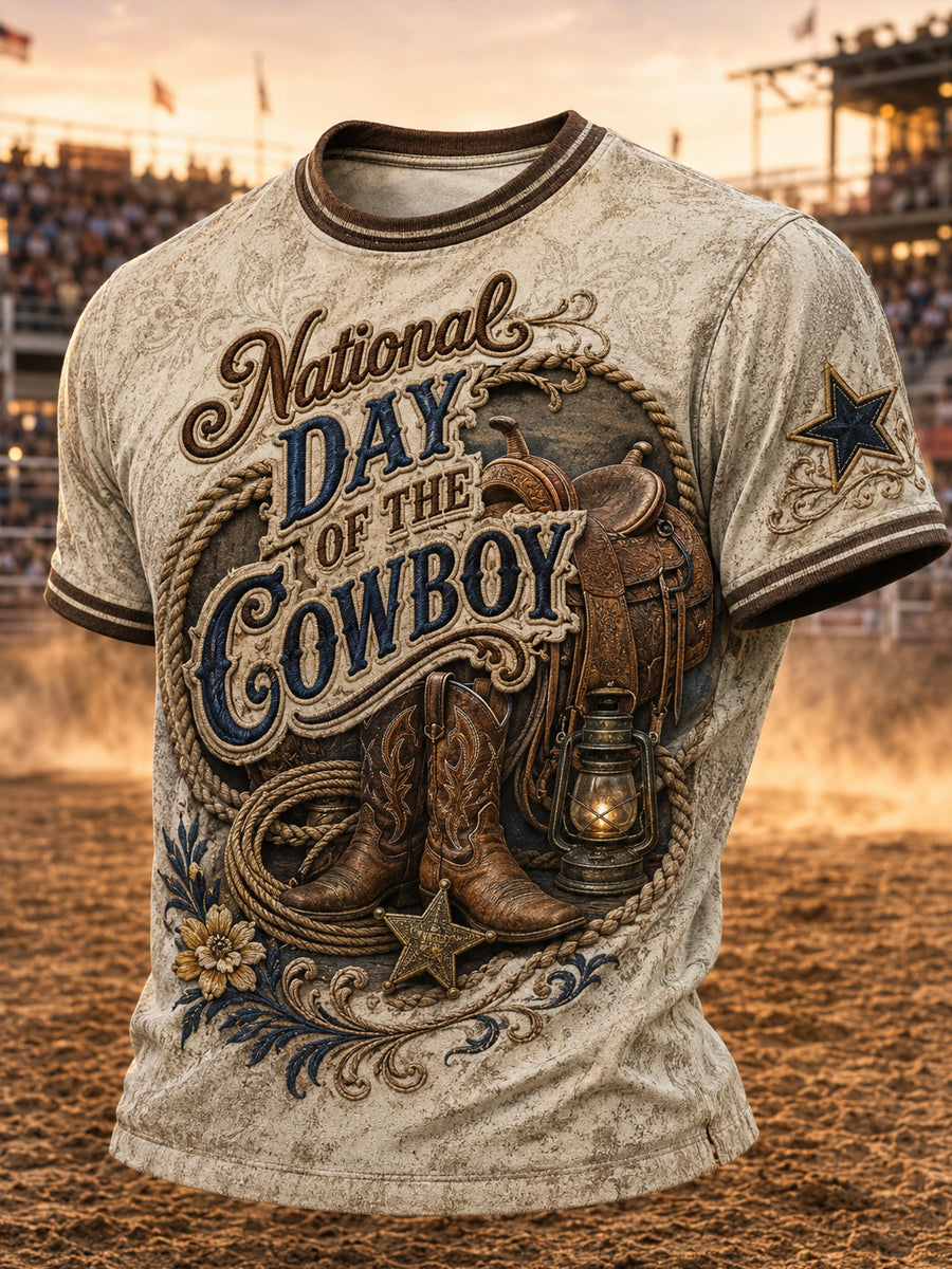 Men’s Retro Western Cowboy Day Print Casual Short-Sleeve T-Shirt.