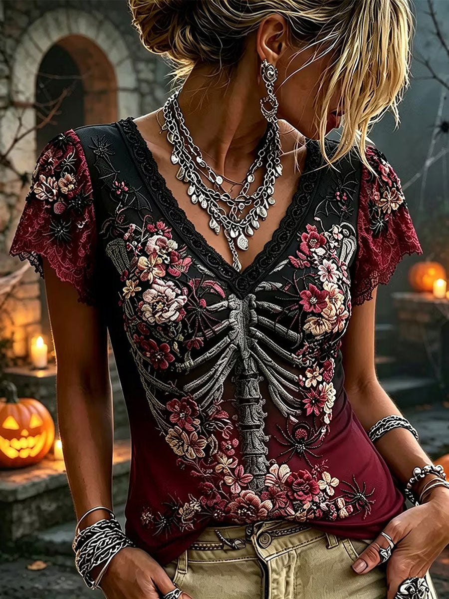 Women's Gothic Skull Rose Floral Cotton Linen Shirt