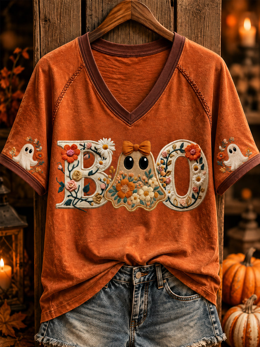 Women's Retro Halloween Ghost V-neck Short Sleeve T-shirt