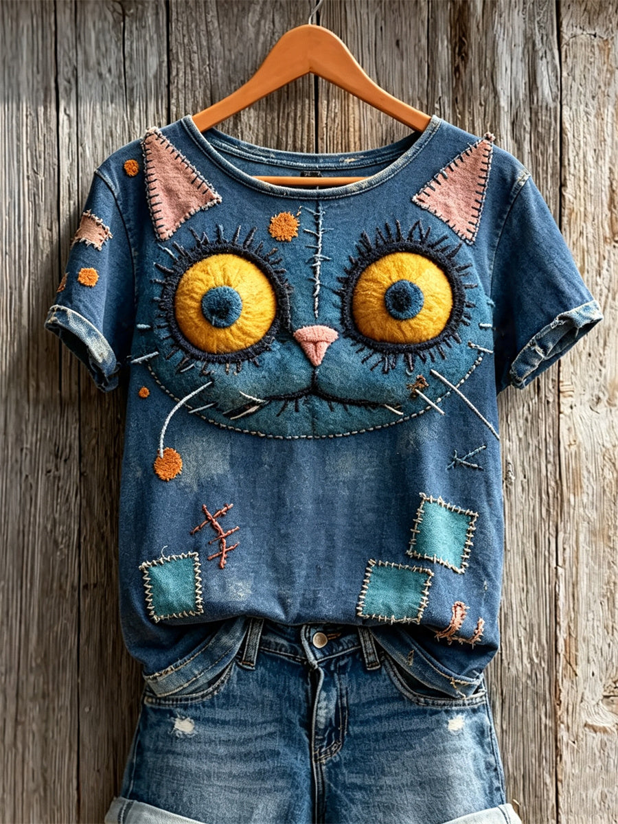 Women's Vintage Monster Cat Face Stitched Art Print short-sleeved T-shirt