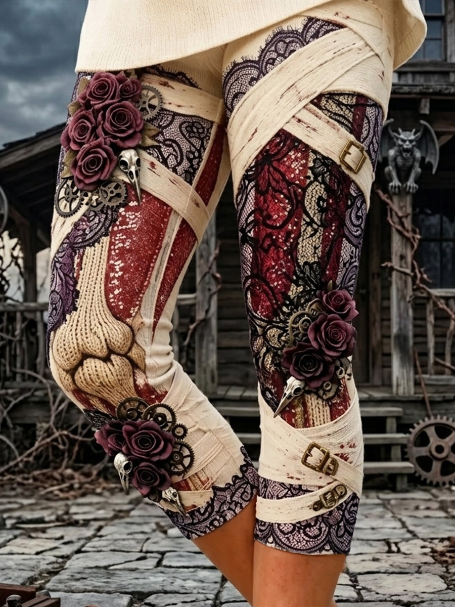 Women's Vintage Skeleton Straps Roses Print Comfy Seven-minute Bottoms