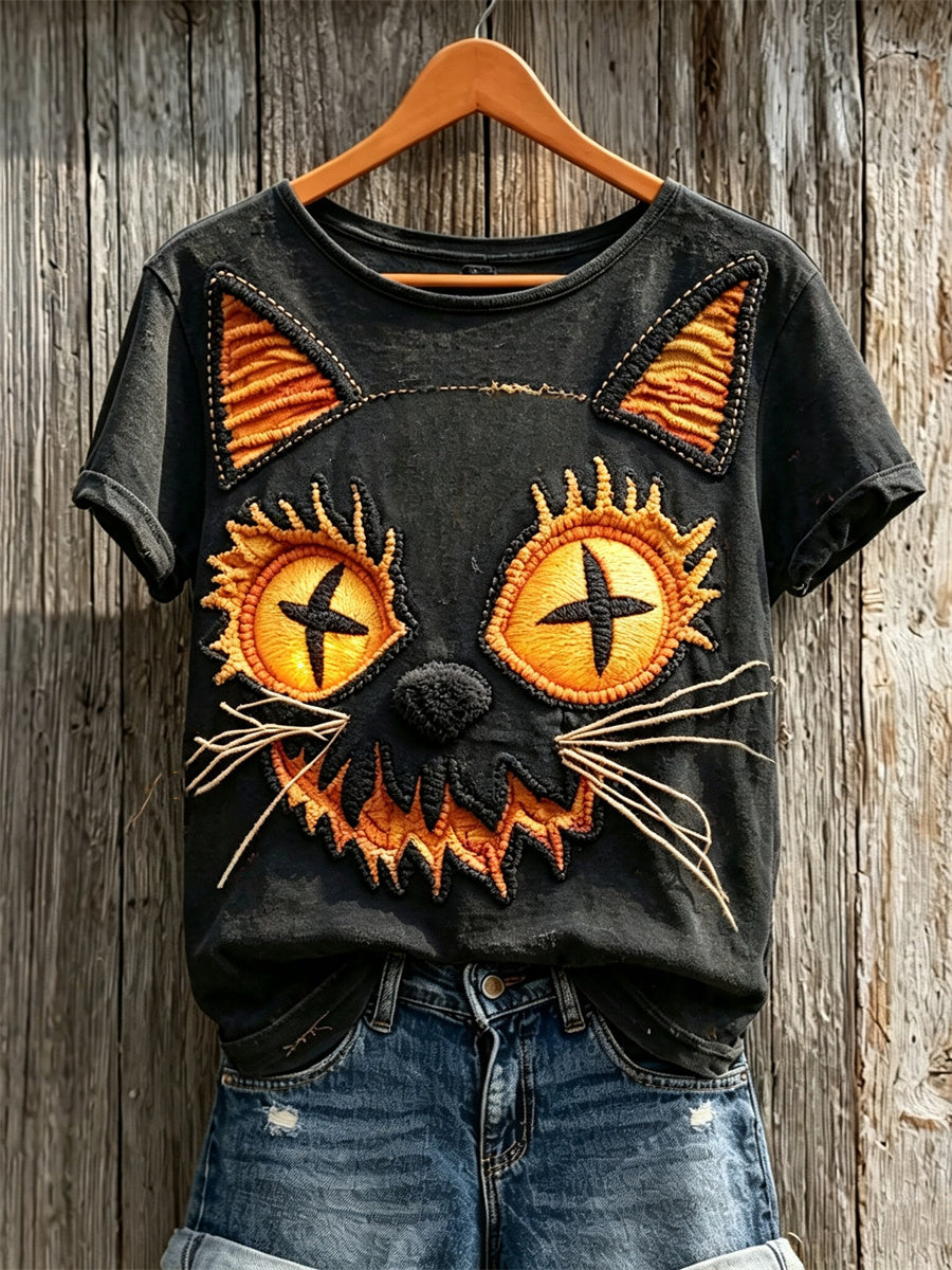 Women's Halloween Pumpkin Black Cat Print short-sleeved T-shirt