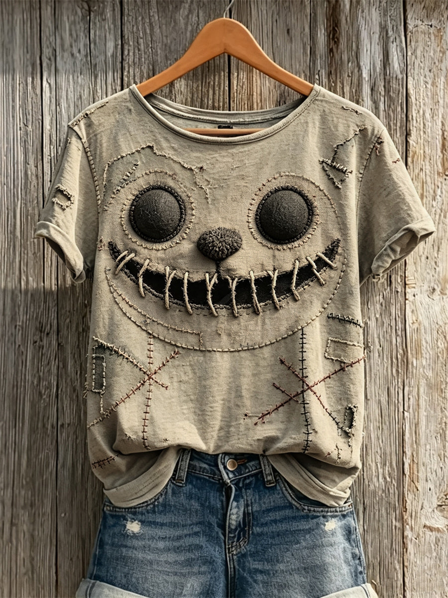 Women's Vintage Spooky Stitched Bear Inspired Print short-sleeved T-shirt