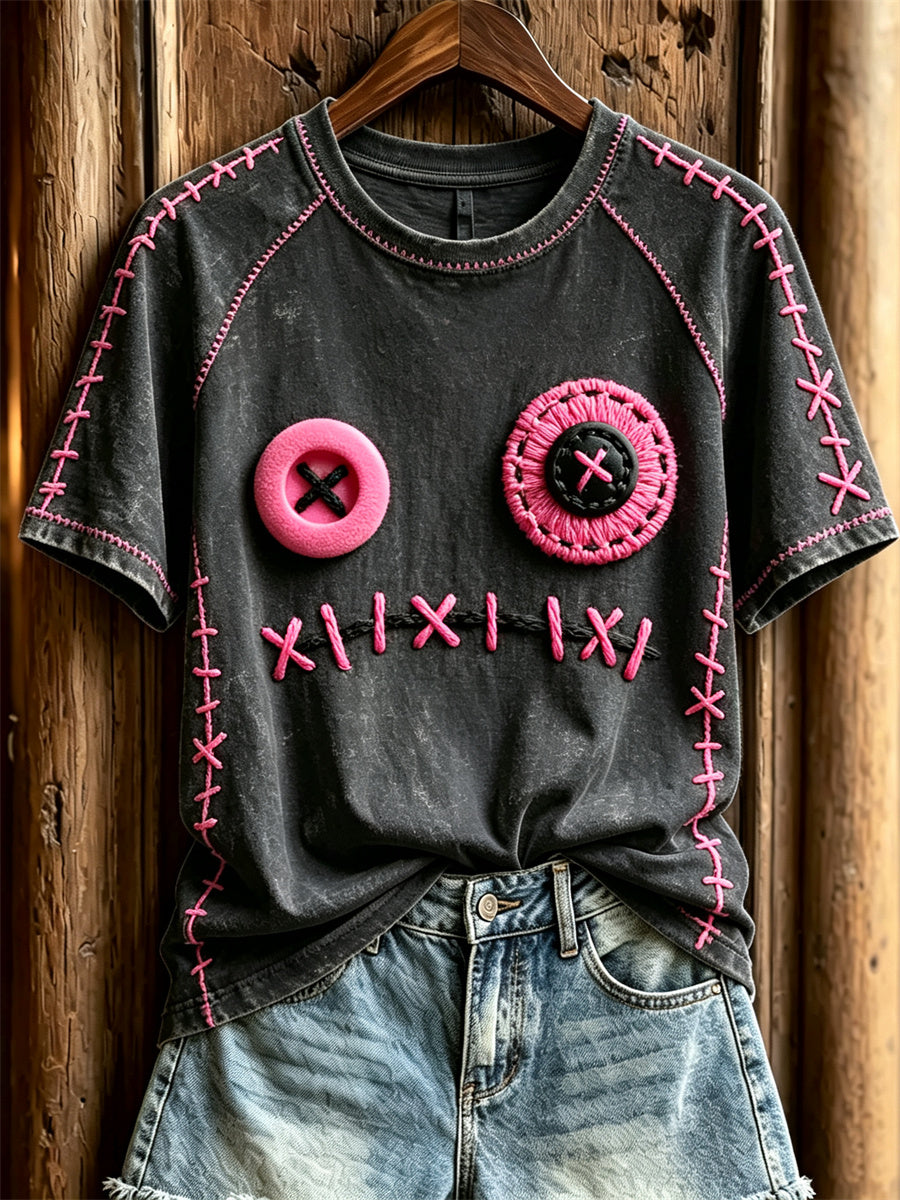 Women's Lovely Monster Face Pink Stitches Print short sleeve T-shirt