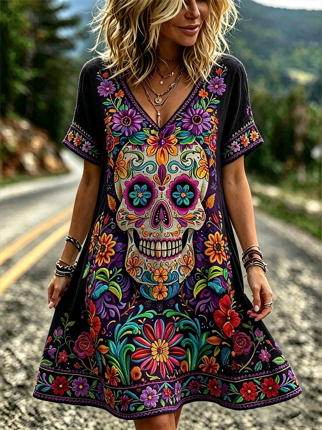 Women's Retro Day Of The Dead Plant And Flower Pattern Printed Casual V-neck dress