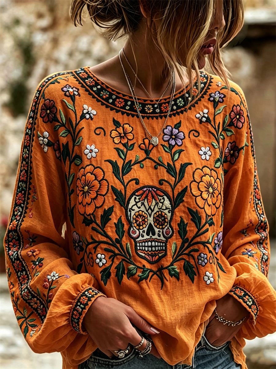 Women's Day of the Dead Sugar Skull Mexican Marigolds Floral Print Cotton-Linen Shirt