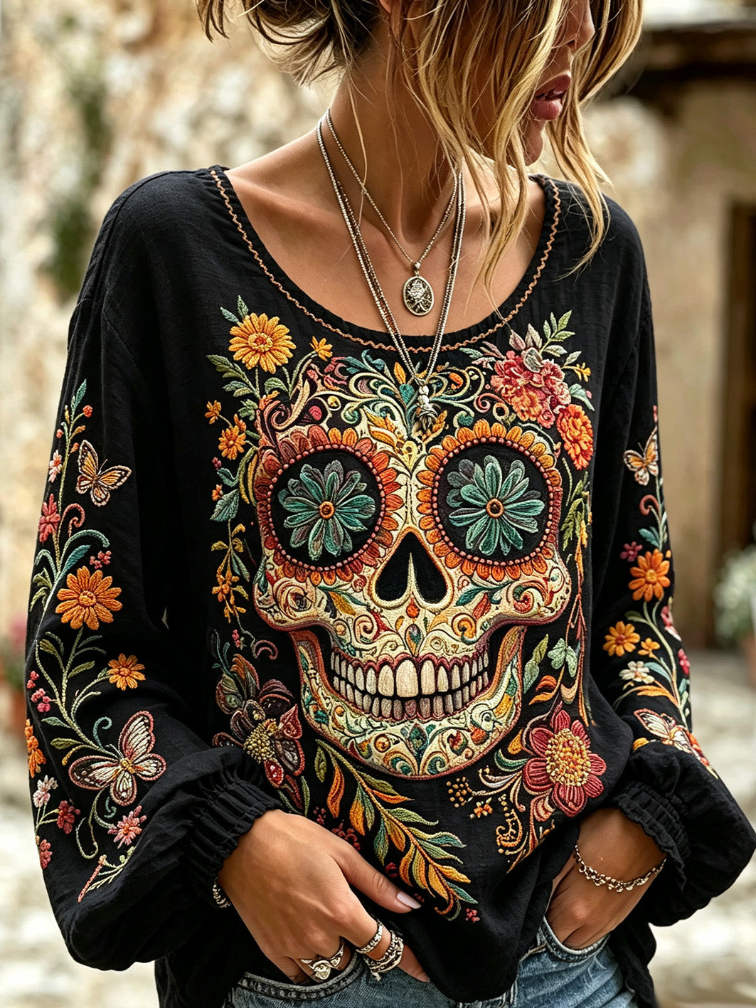 Women's Retro Day Of The Dead Plant And Flower Pattern Printed Casual Cotton-Linen Shirt