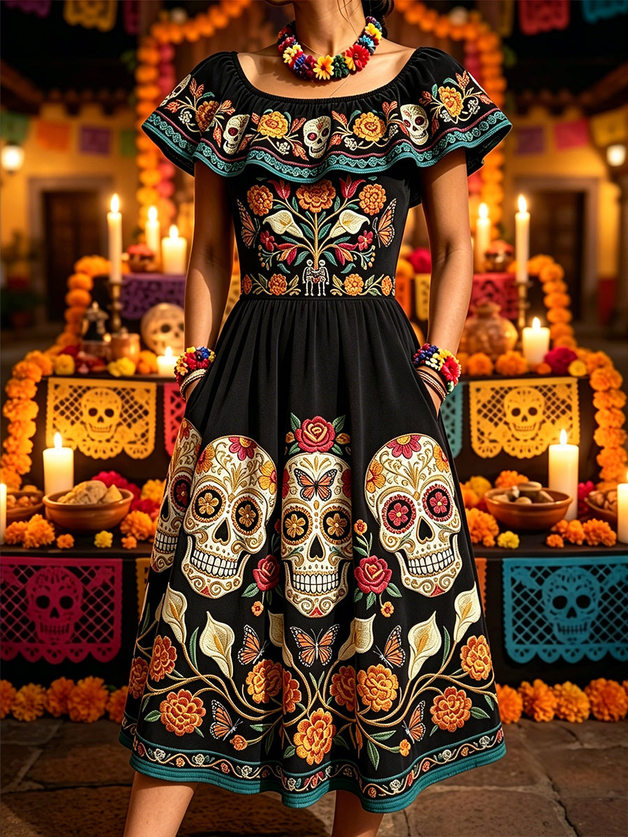 Women's Day of the Dead Mexican Floral Sugar Skulls Print Ruffle Maxi Dress