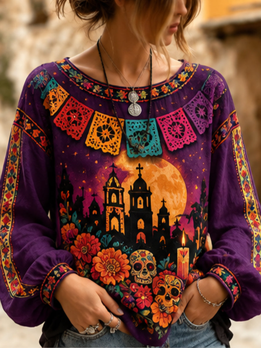 Women's Mexican Day Of The Dead Commemorative Art Print Top