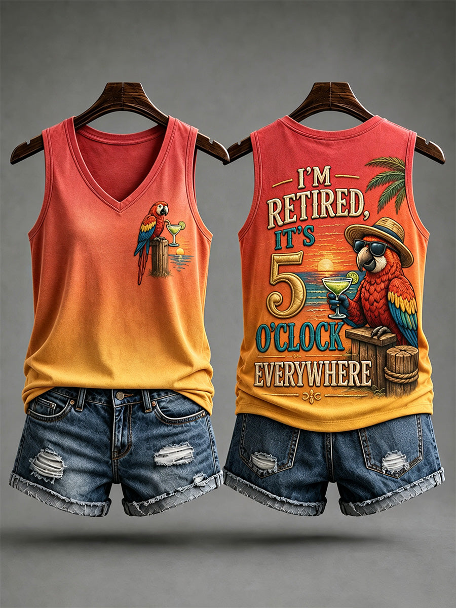 Women's I'm Retired It's 5 O'clock Everywhere Parrot Print Casual V-Neck Vest