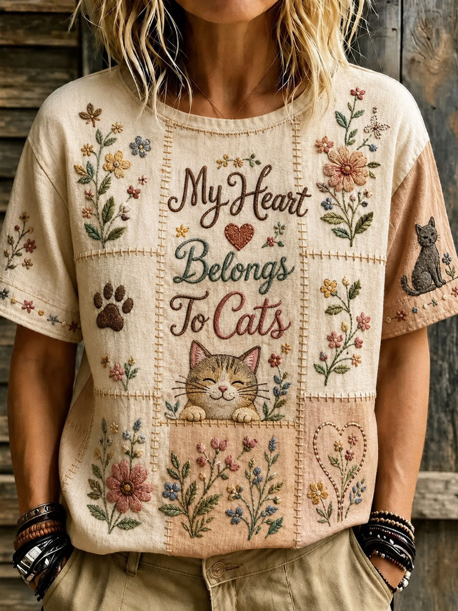Women’s International Cat Day Art Print Loose-Fit Floral Casual T-Shirt