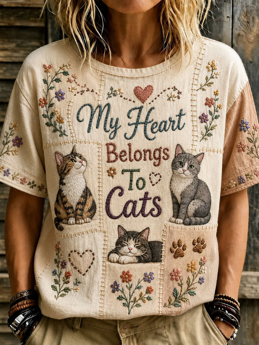Women’s International Cat Day Art Print Loose-Fit Floral Casual T-Shirt