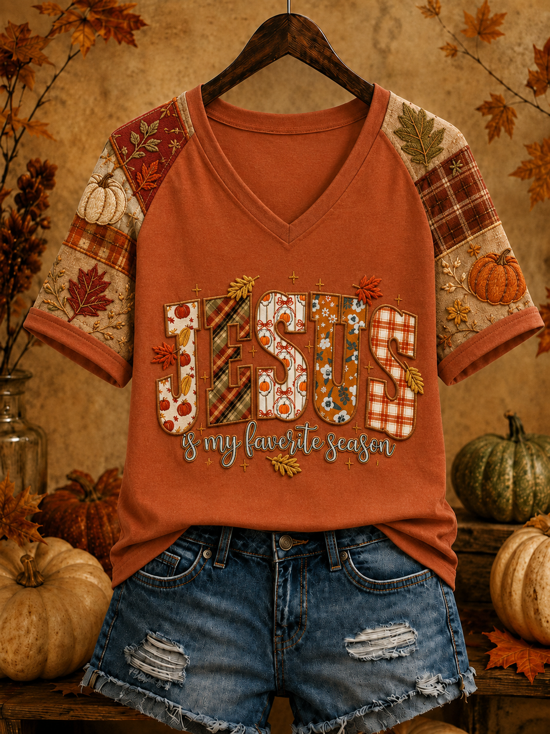 Women's Thanksgiving Jesus Is My Favorite Season Pumpkin Art Print Short Sleeve T-shirt