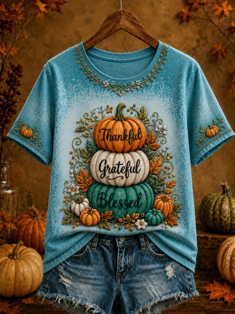 Women's Thanksgiving Thankful Grateful Blessed Pumpkin Art Print Short Sleeve T-shirt
