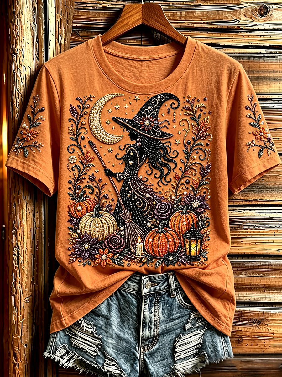 Women's Halloween Bead Witch And Pumpkins Art Print Short-sleeved T-shirt