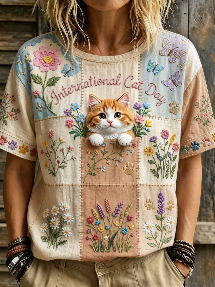 Women’s International Cat Day Art Print Casual Short-Sleeve T-Shirt