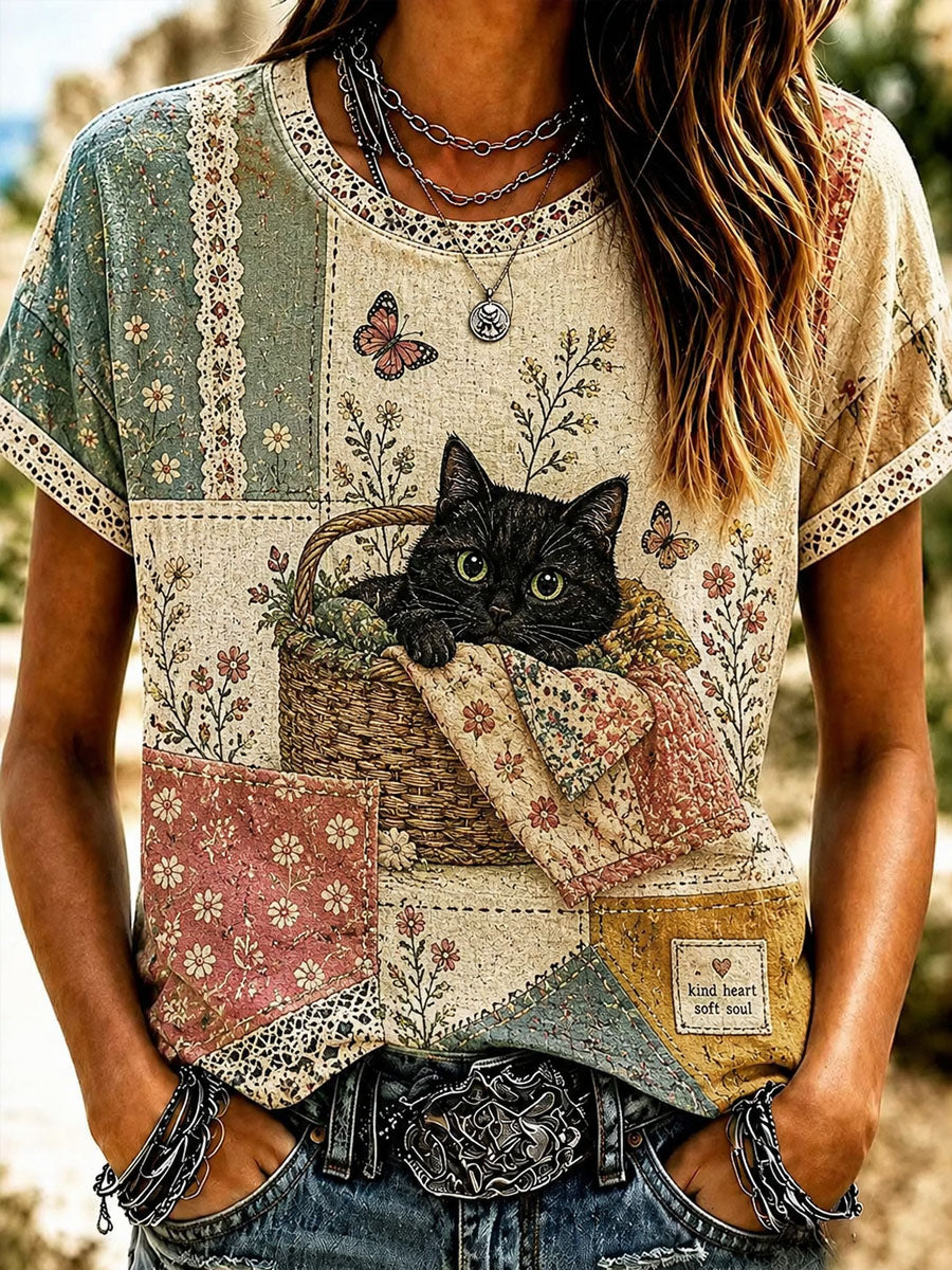 Women’s Cat Art Print Casual Short-Sleeve T-Shirt