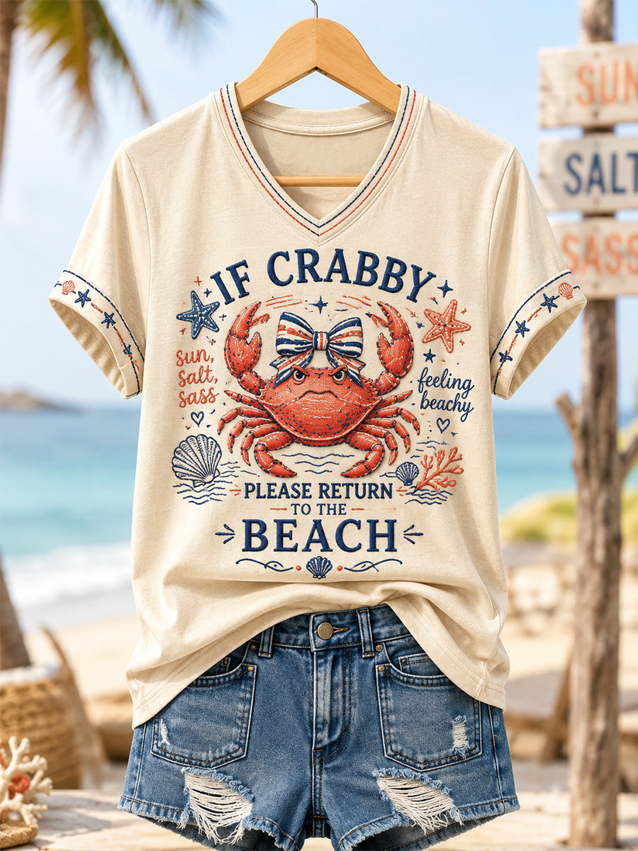 Women's If Crabby Please Return To The Beach Print Casual V-Neck Tee