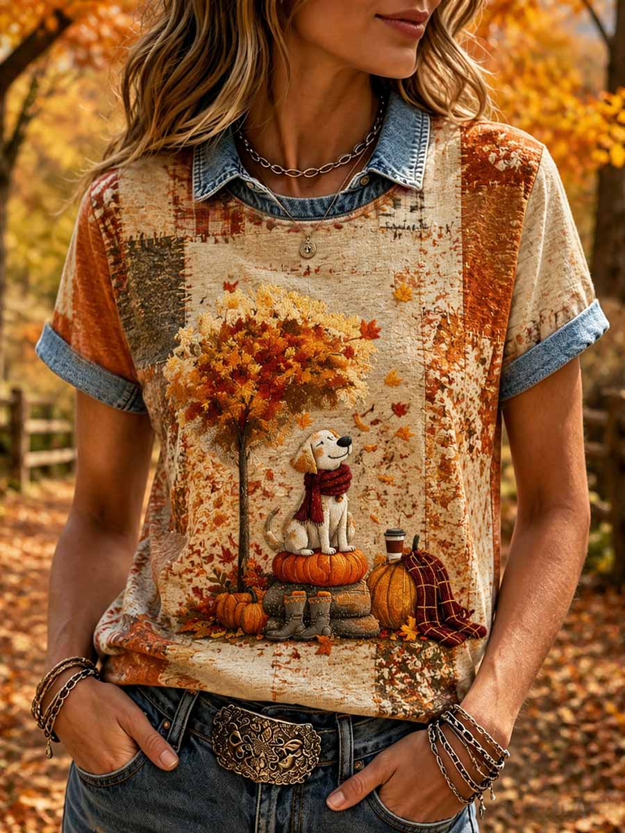 Women's Vintage Autumn Dog Print T-Shirt