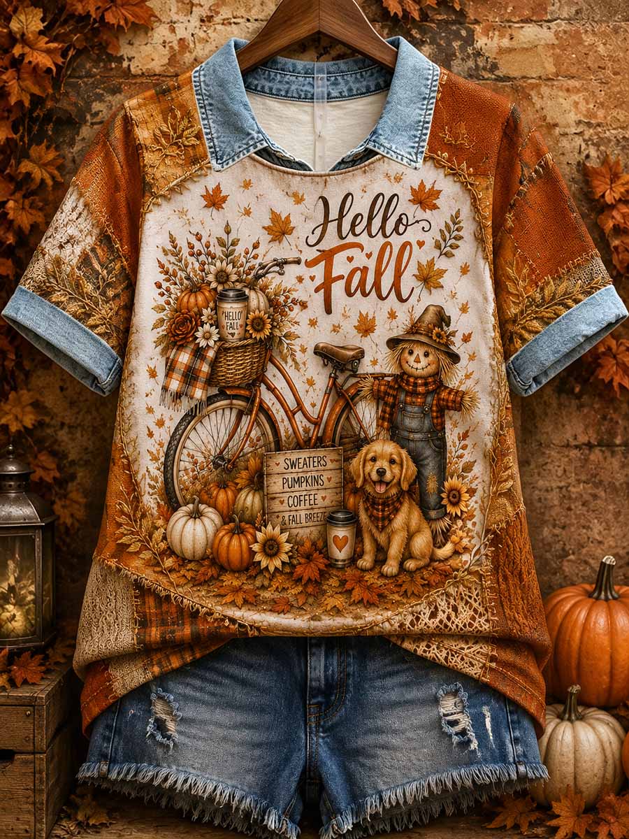 Women's Vintage Autumn Fallen Leaves Print T-Shirt