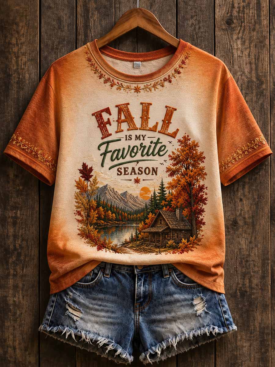 Women's Vintage Autumn Fallen Leaves Print T-Shirt