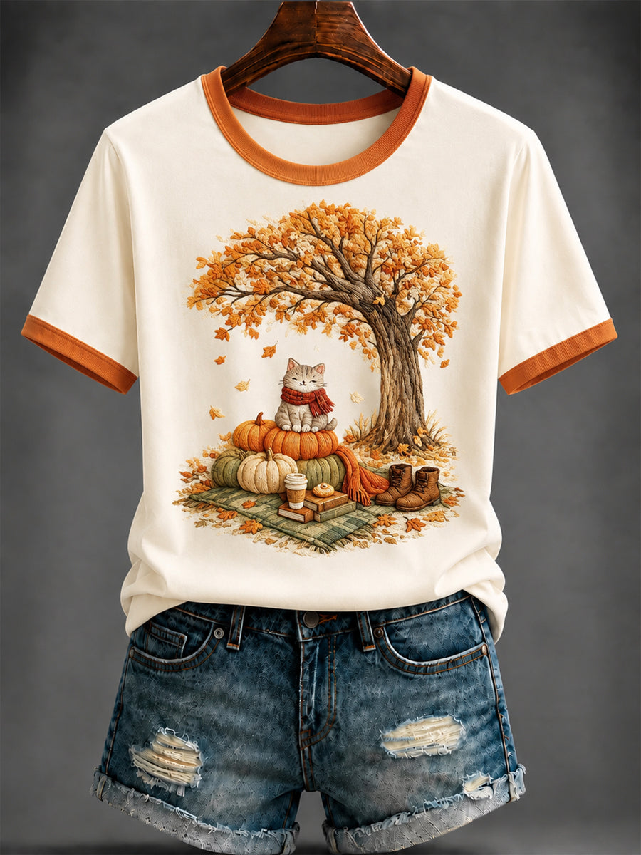 Women's Autumn Cute Cat Printed T-shirt