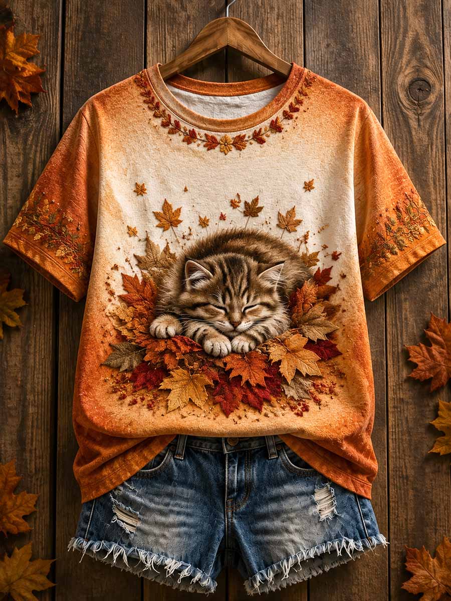 Women's Vintage Autumn Cat Print T-Shirt