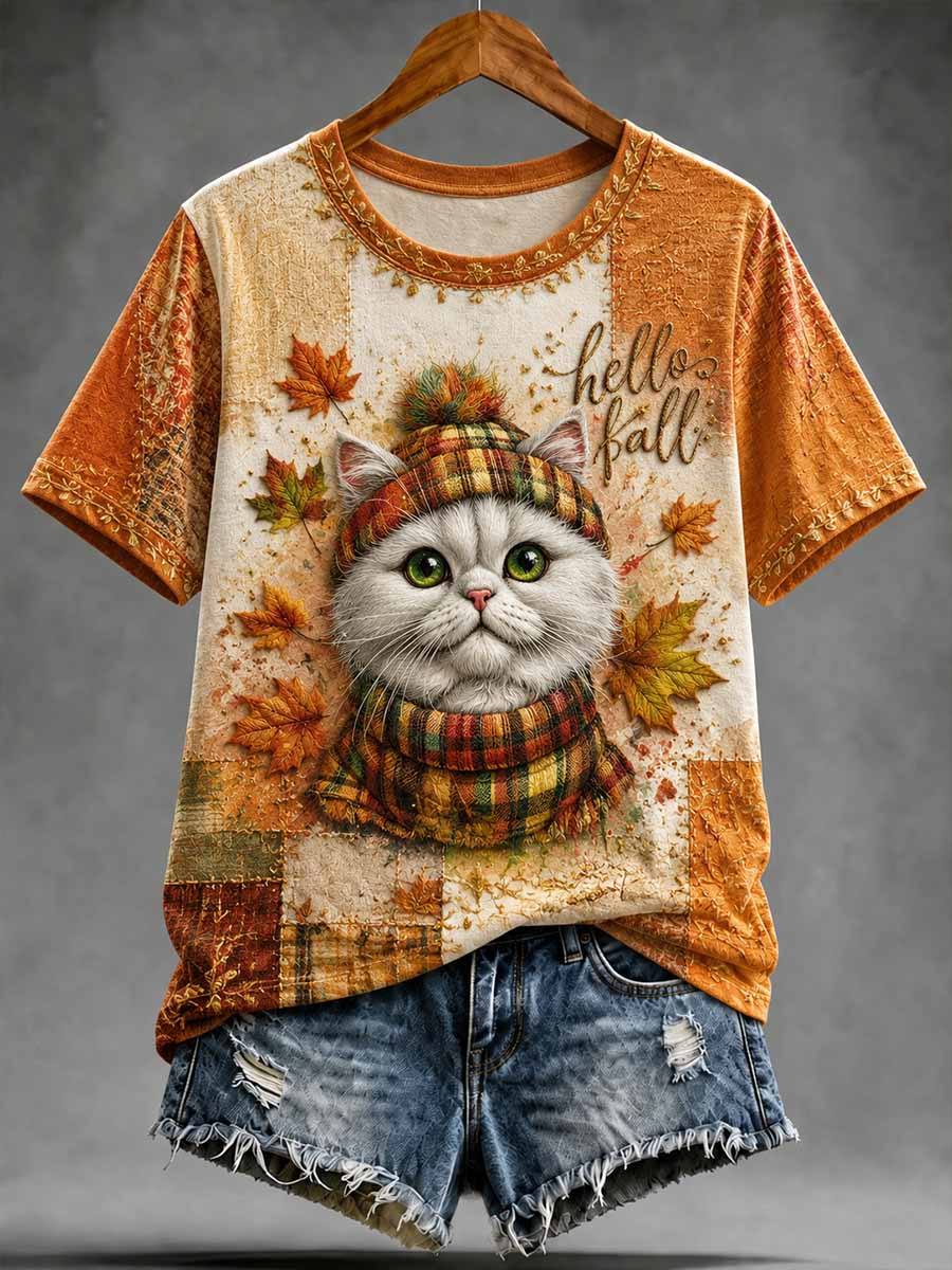 Women's Vintage Autumn Cat Print T-Shirt
