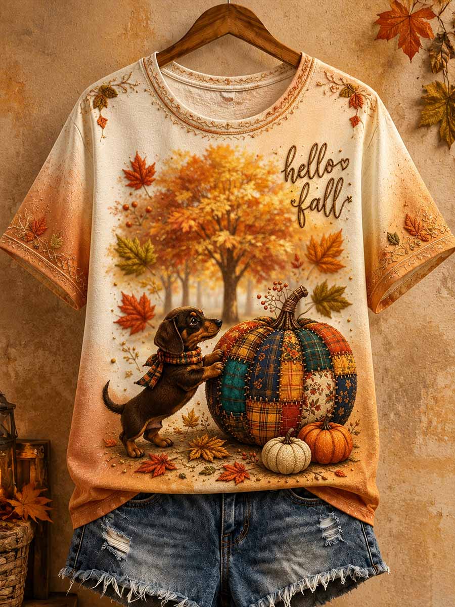 Women's Retro Autumn Dachshund Pattern Printed T-Shirt