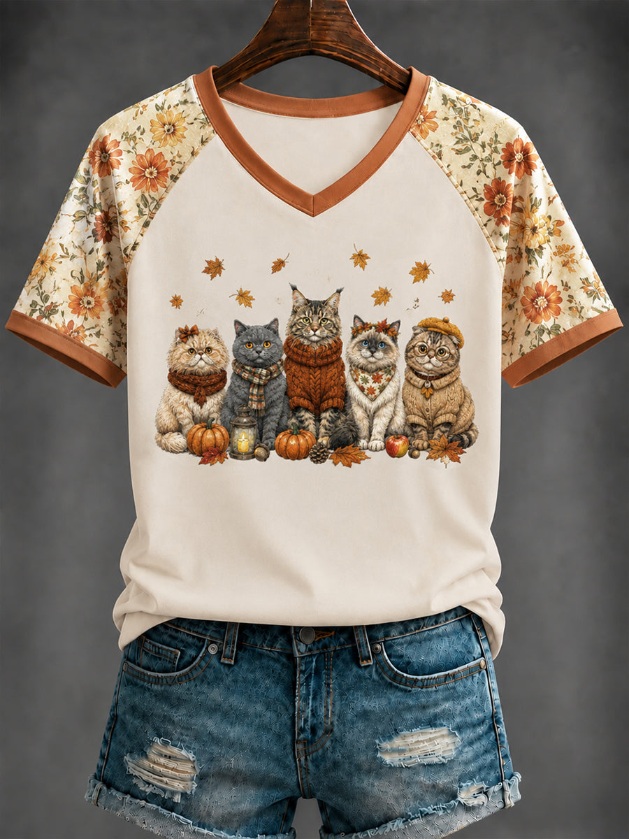 Women's Autumn Cute Cat Printed V-neck T-shirt