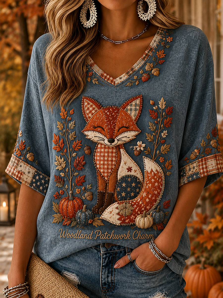 Women's Autumn Style Pattern Linen V-Neck Shirt