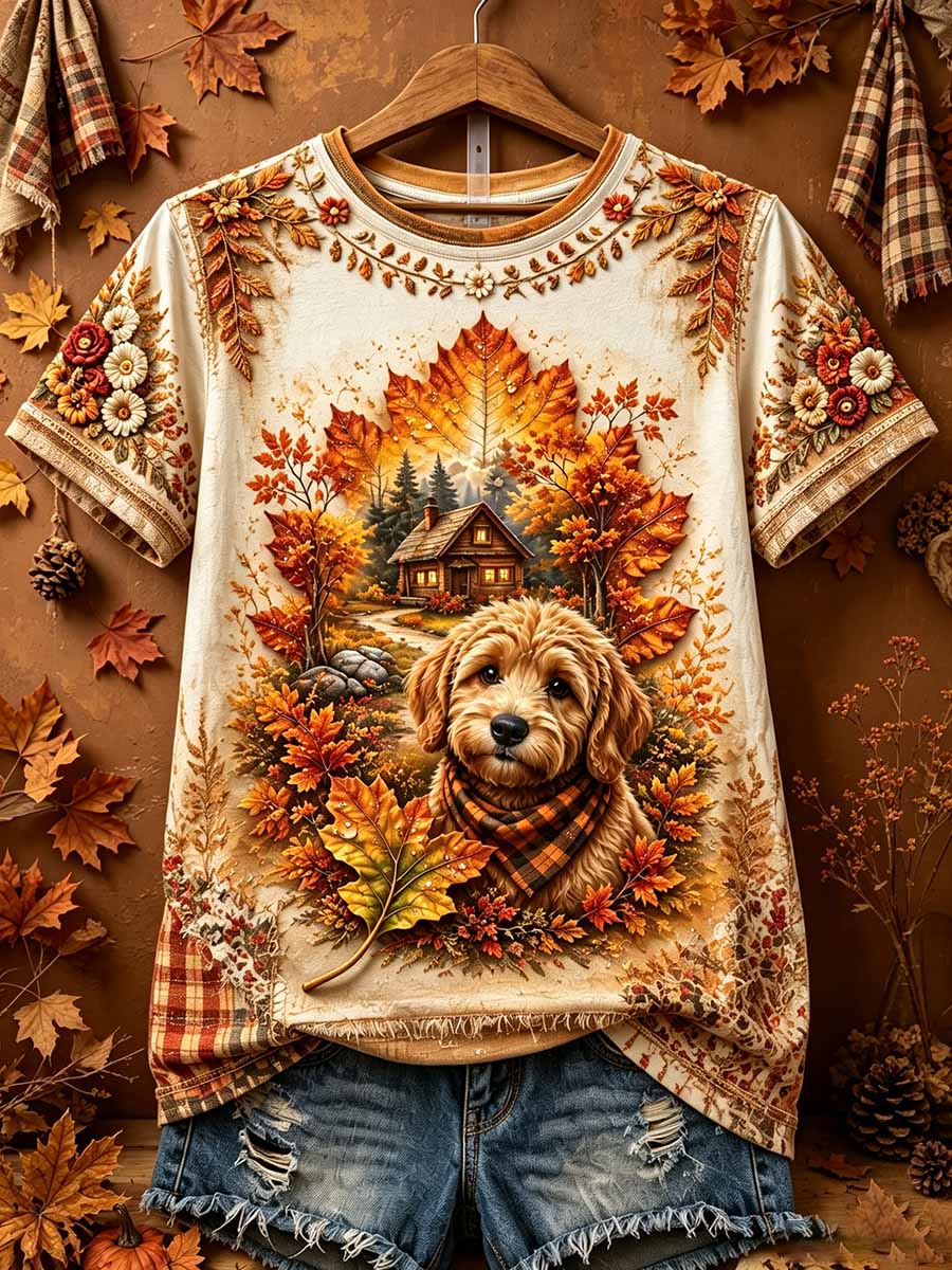 Women's Vintage Autumn Dog Print T-Shirt