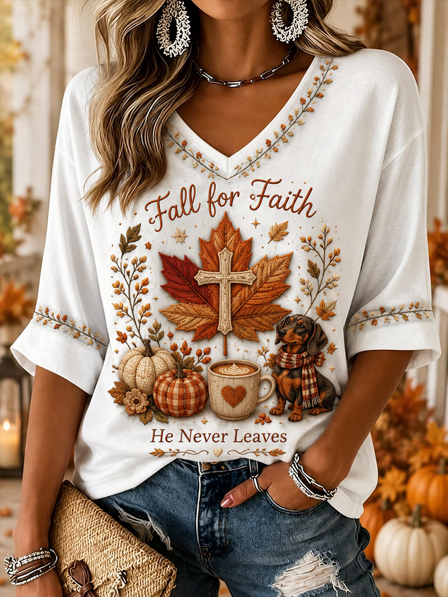 Women's Autumn Style Pattern Linen V-Neck Shirt