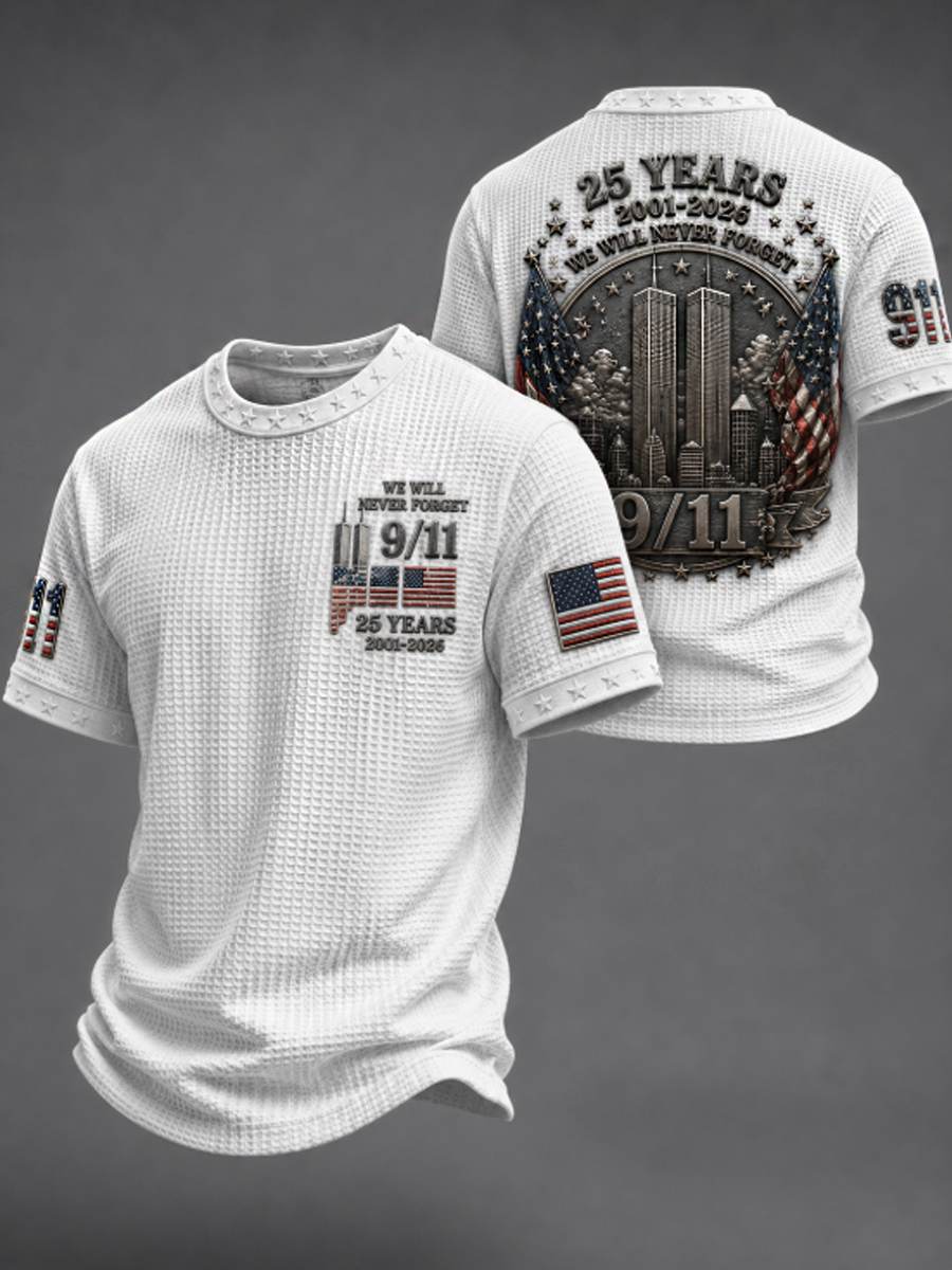 Men's WE WILL NEVER FORGET 9/11 25 YEARS 2001-2026 Waffle Tee