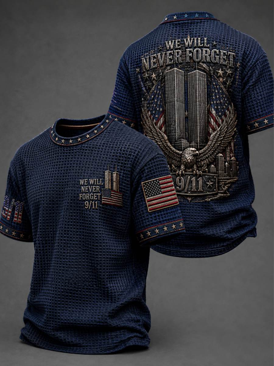Men's WE WILL NEVER FORGET 9/11 25 YEARS 2001-2026 Waffle Tee