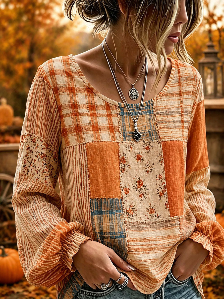 Women's Fall Patchwork Art Cotton Linen Shirt