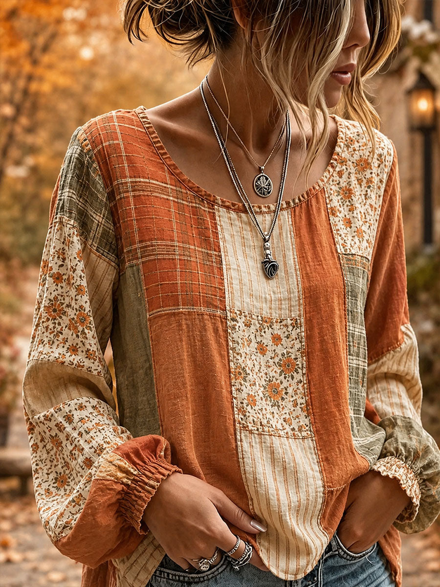 Women's Fall Patchwork Art Cotton Linen Shirt