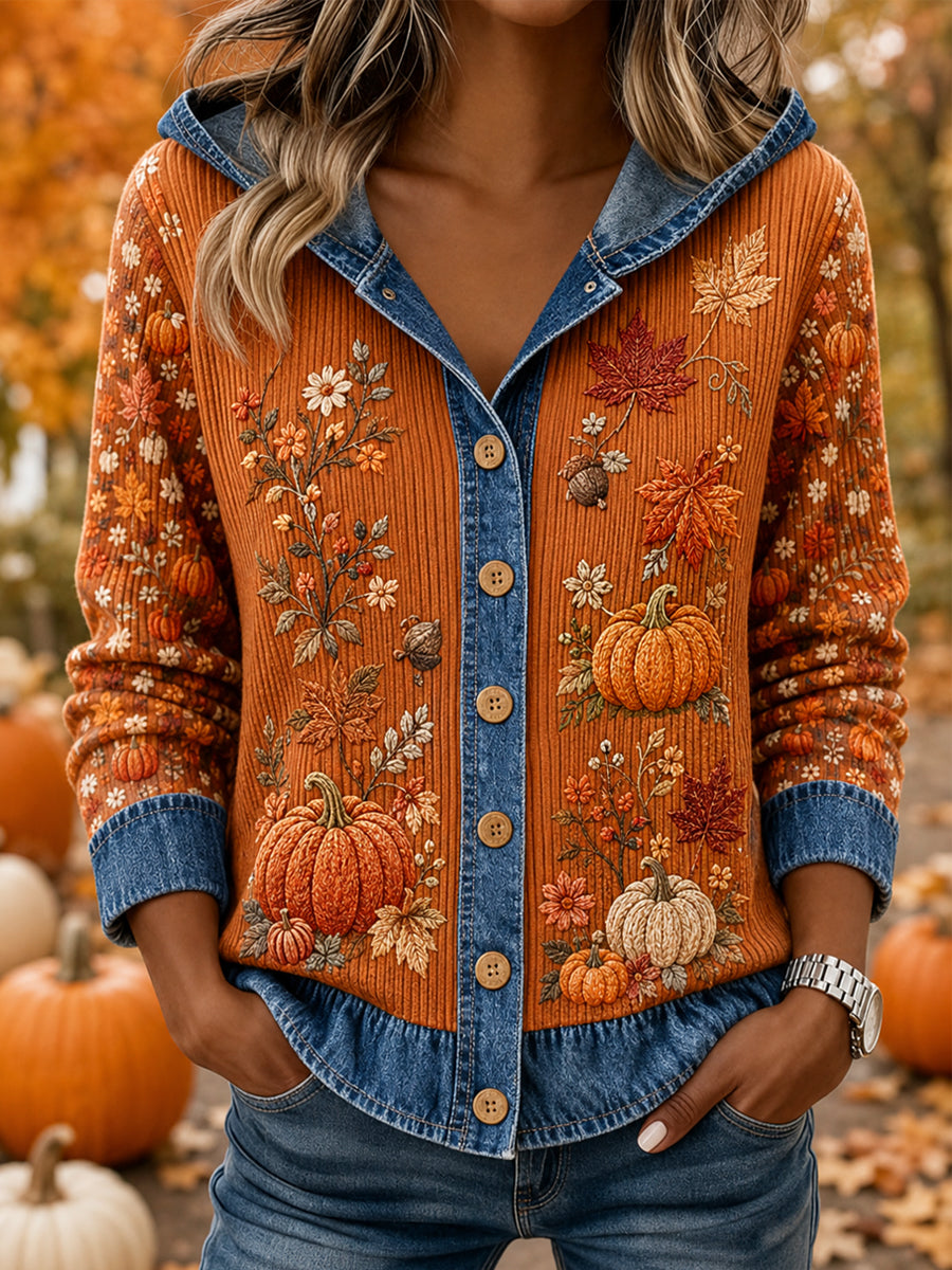 Women's Fall Season Pumpkins Print Denim Stitching Casual Hoodie