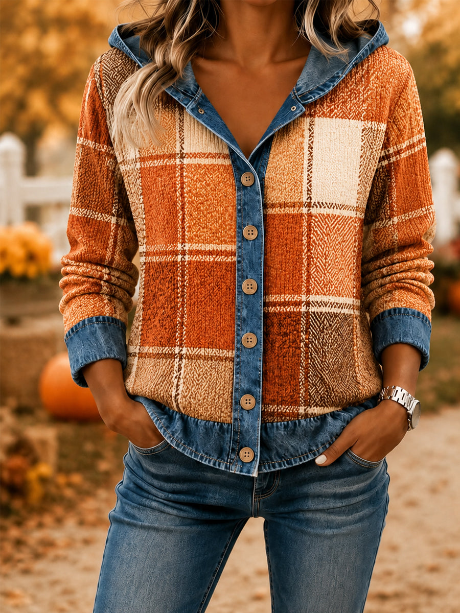 Women's Fall Season Plaid Print Denim Stitching Casual Hoodie