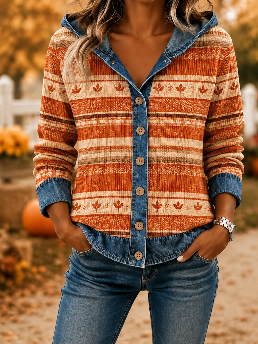 Women's Fall Season Print Denim Stitching Casual Hoodie