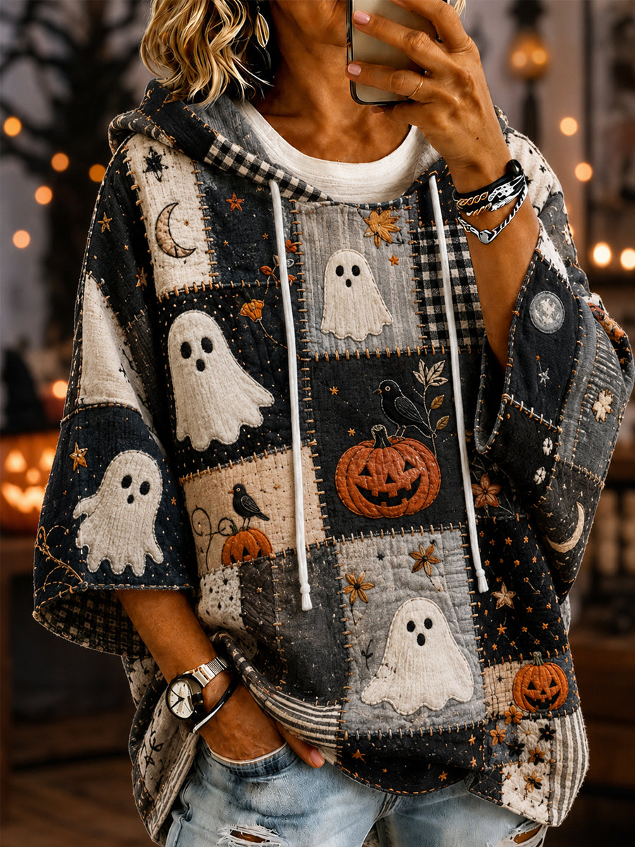 Women's Halloween Ghost Pumpkin Face Patchwork Print Casual Short-Sleeve Hoodie