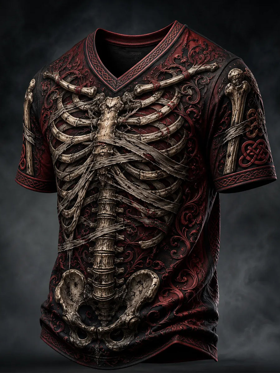 Men's Halloween Gothic Skeleton Print V-neck T-shirt