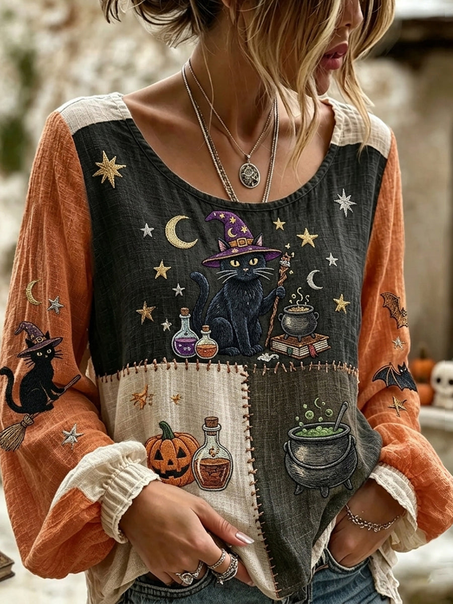 Women's Vintage Halloween Wizard Cat Art Print Cotton-Linen Shirt