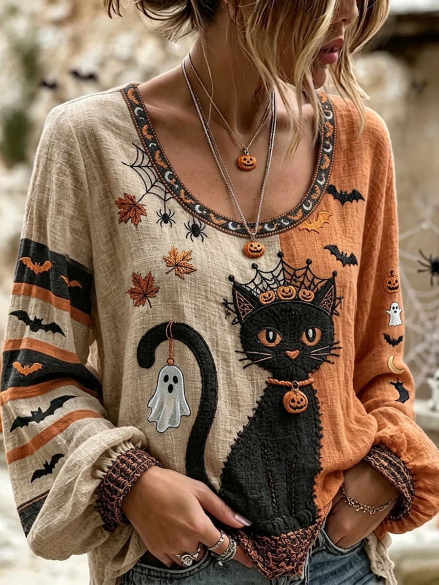 Women's Vintage Halloween Wizard Cat Art Print Cotton-Linen Shirt