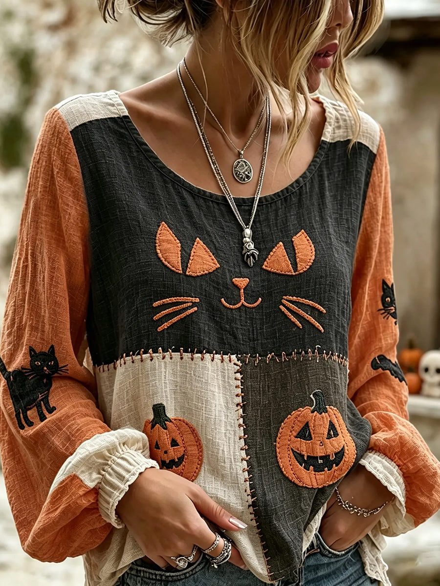Women's Vintage Halloween Wizard Cat Art Print Cotton-Linen Shirt