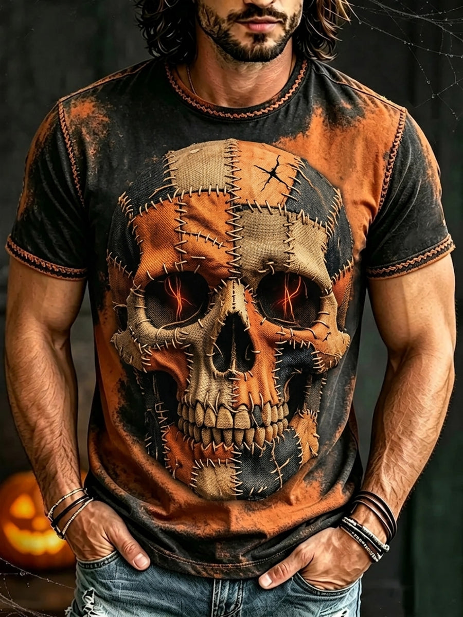 Men's Vintage Halloween Spooky Skull Print Short Sleeves T-shirt