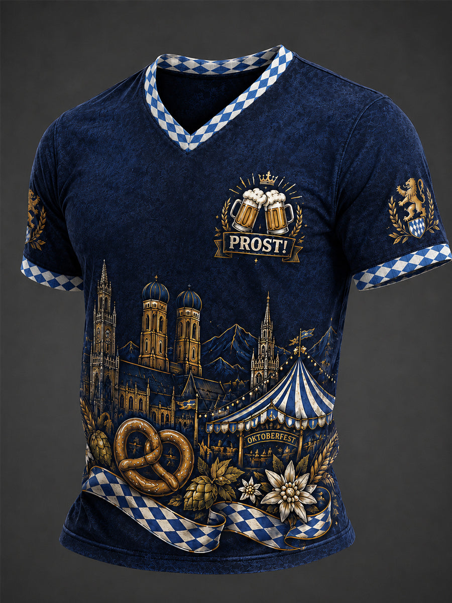 Men's Oktoberfest Prost! Print Casual V-Neck Tee