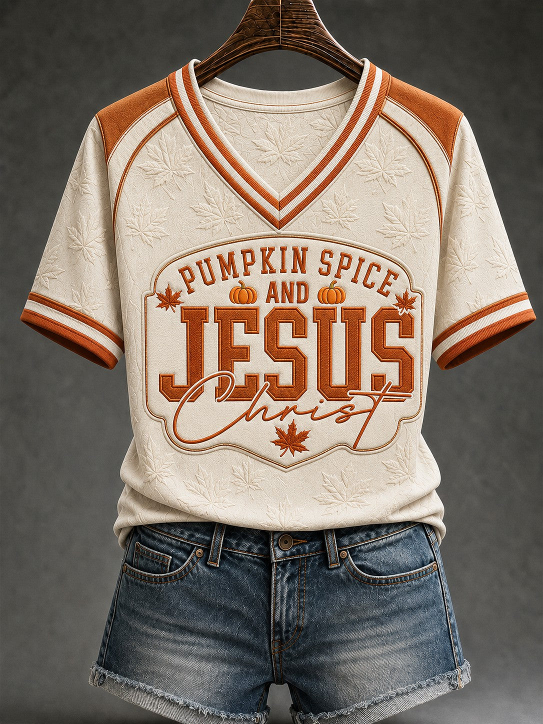 Women's Pumpkin Spice and Jesus Christ Autumn Faith Printed V-neck T-shirt
