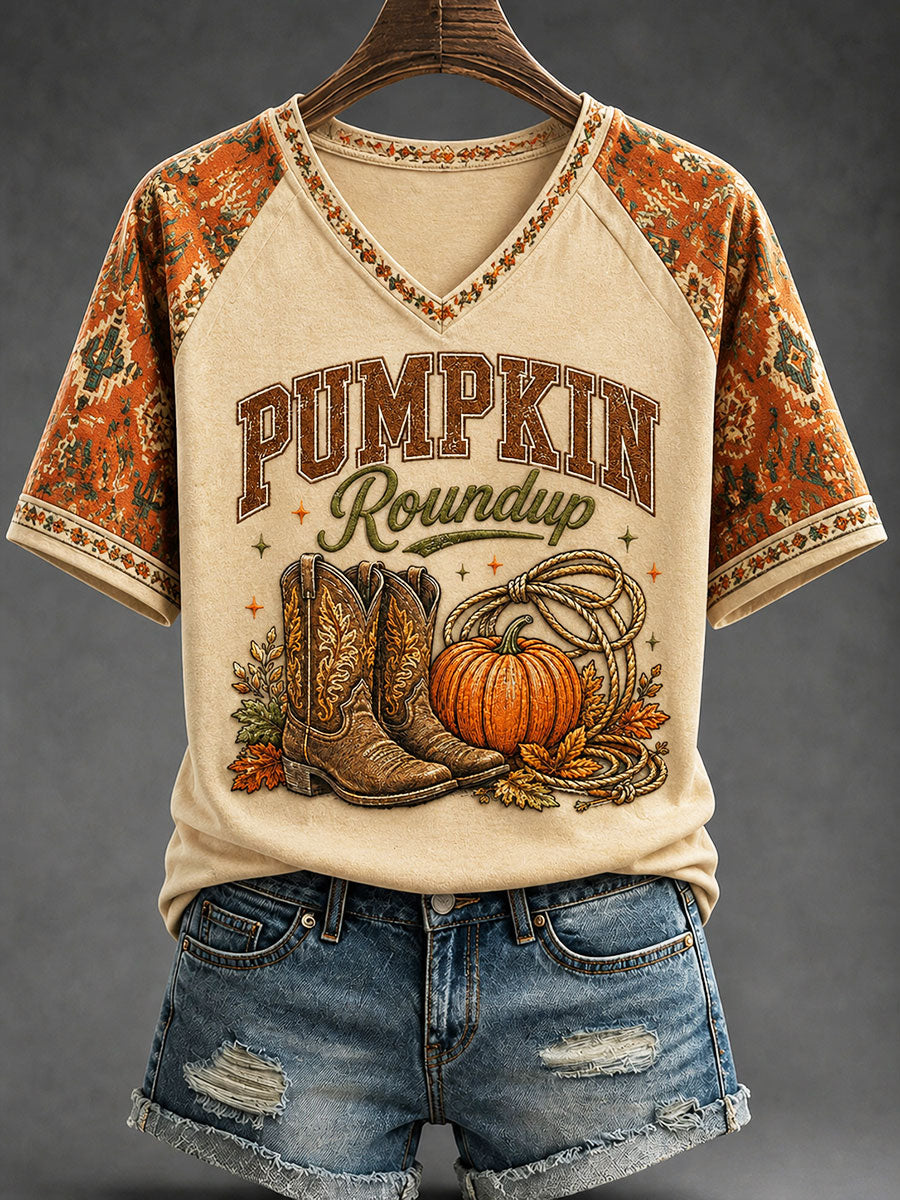 Women's "Pumpkin Roundup" Bohemian Style Printed Casual T-Shirt